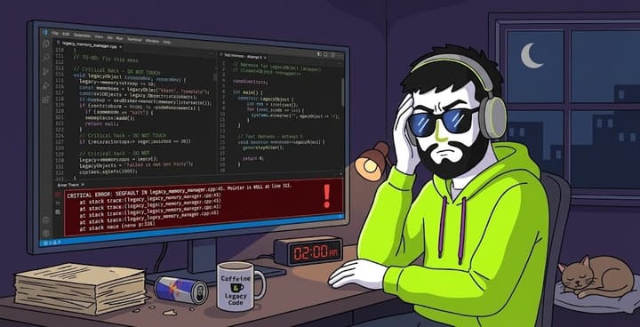 Stressed programmer in a neon green hoodie debugging critical legacy code errors at 2:00 AM.